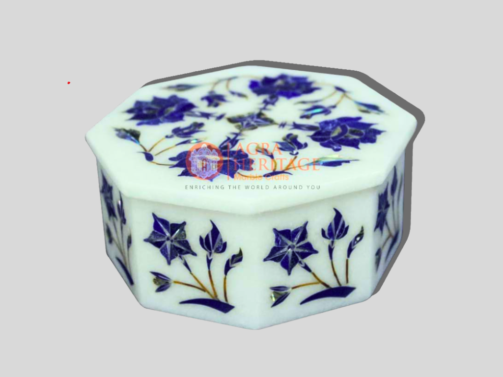 Marble Jewelry Lidded Box Lapis Floral Art